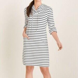 Chicos Hooded Shift Dress Sz 3 Zenergy UPF Pockets Striped Nautical Casual Comfy